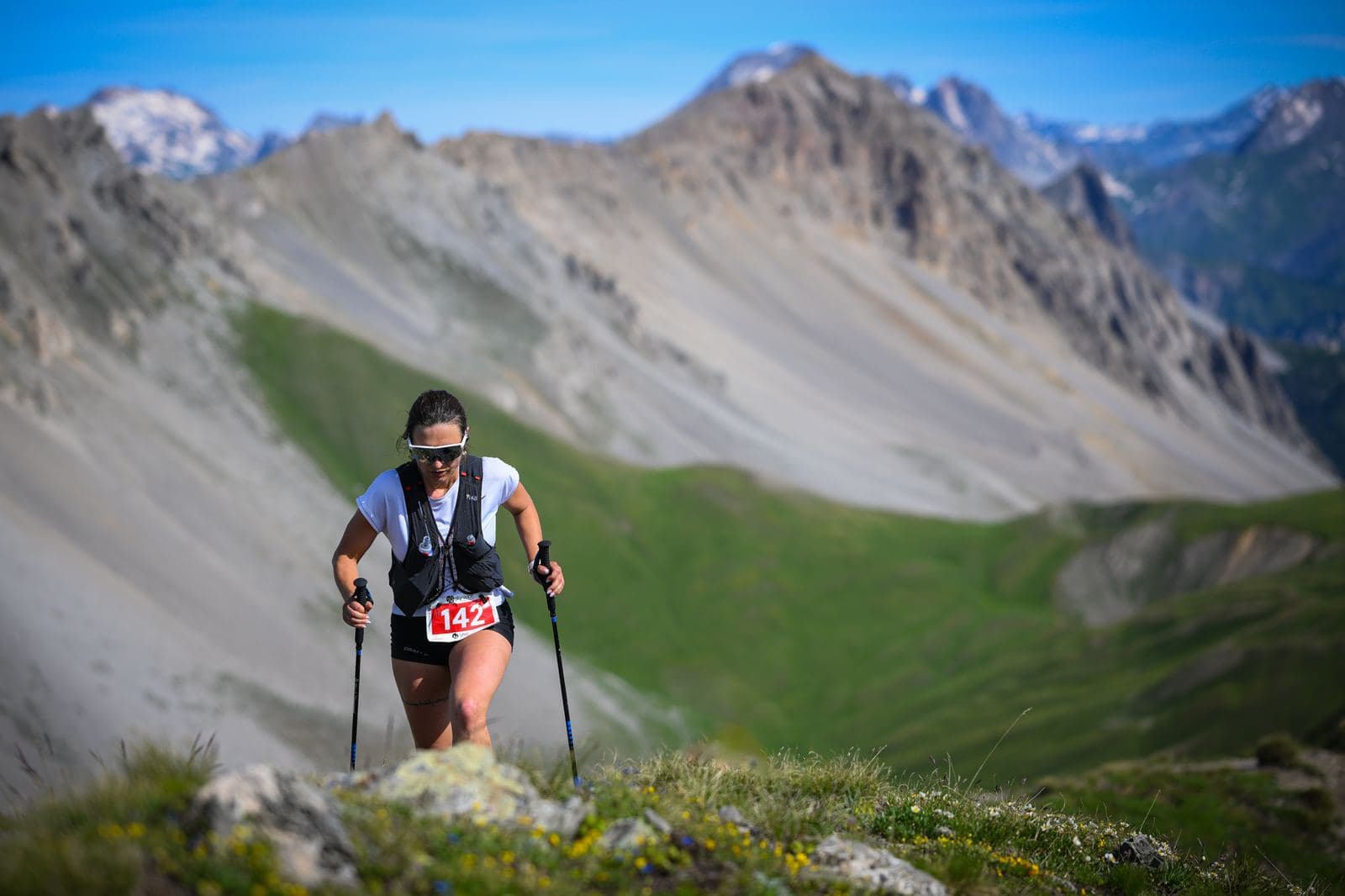 Corritrice in un vallone verdeggiante, montagne sullo sfondo