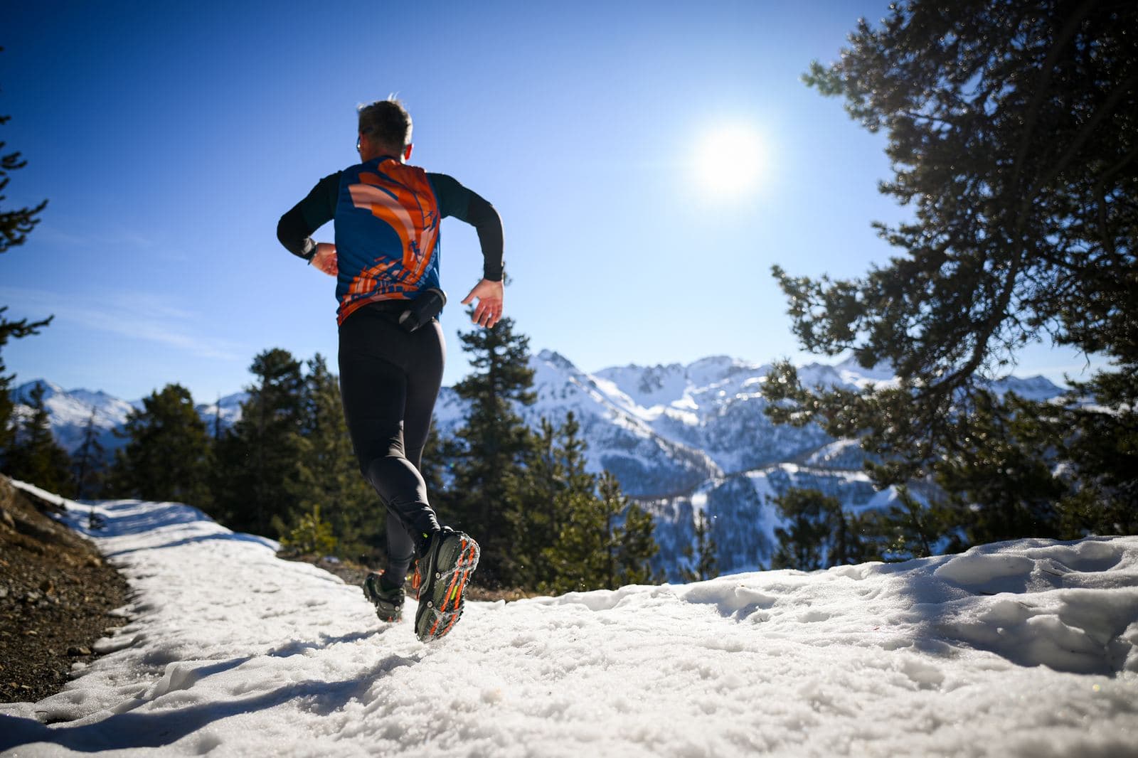 Coureur sur la neige entre les pins, en plein soleil